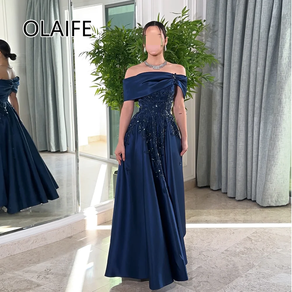 Boat Collar Satin Evening Saudi Dres Backless Floor-Length Evening Arab Gown with Sequins Lace Customized