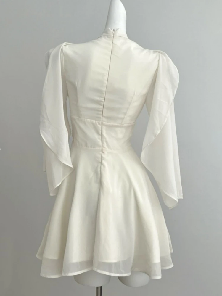 Elegant Solid Chiffon Short Dresses for Women V-neck Long Sleeve High Waist Ruffles A-line Korean Fashion One Piece Vestido New