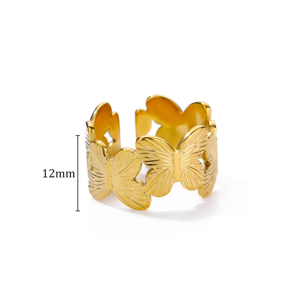 Fashion Butterfly Ring Gold Plated Stainless Steel Opening Hypoallergenic
