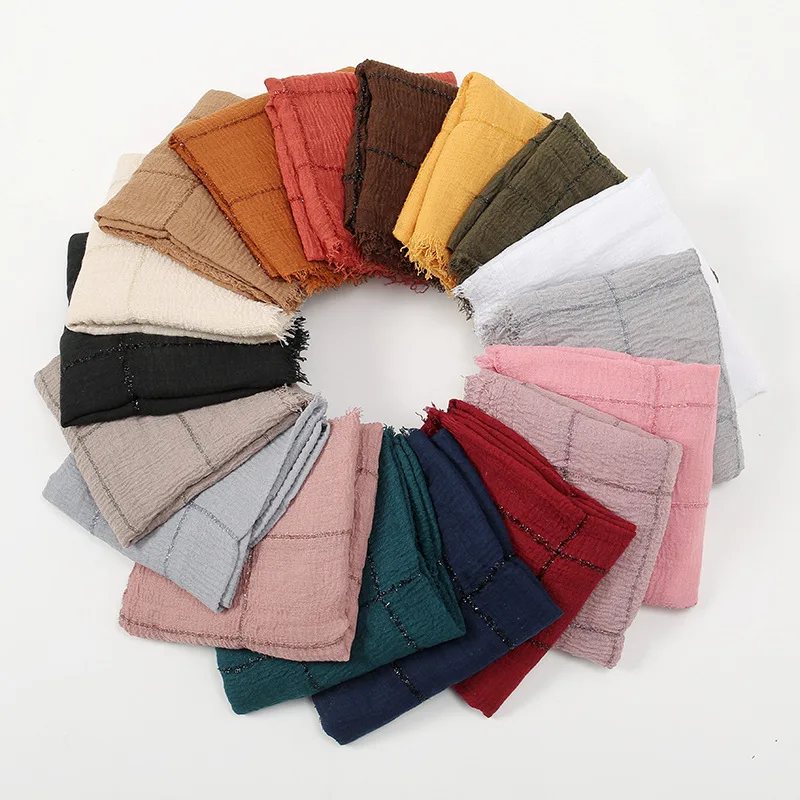 

18 Colors Plain Sliver Striped Line Pleated Scarf High Quality Shawls and Wraps Pashmina Stole Long Soft Muslim Hijab 180*85Cm