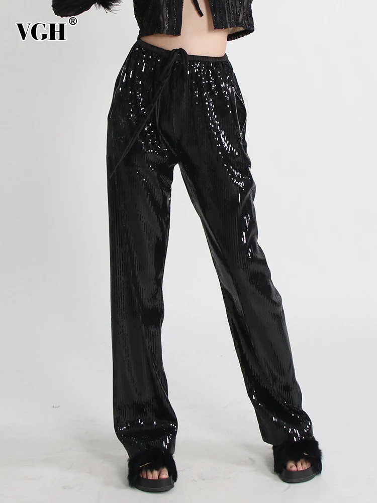 

VGH Autumn Patchwork Sequins Wide Leg Pants For Women High Waist Loose Streetwear Casual Trousers Female Fashion Clothing 2022