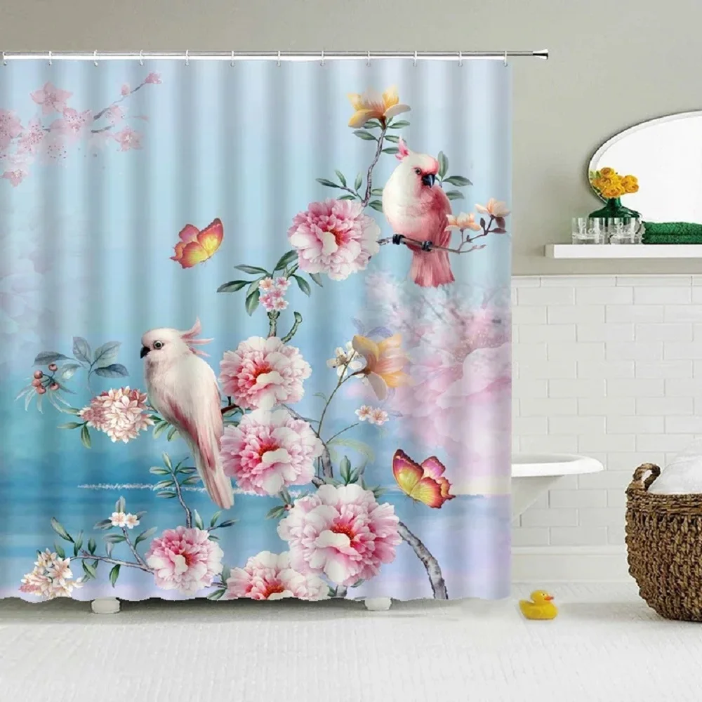 

Peony Flower Bird Plant Shower curtain Bathroom Shower curtain mat Bathtub Partition Waterproof Fabric Bathroom Home Decor