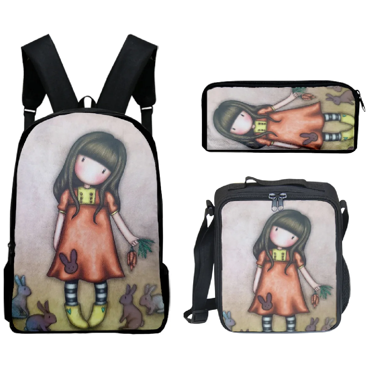 The Girl in the Snow Backpack 3pcs/set Primary Middle School Students Boys Girls Cartoon Anime Schoolbag Lunch Bag Pen Case