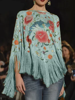 Women Vintage Floral Tops 2025 Spring Autumn Elegant Pullover Oversize Irregular Tassel Hem Cape Cloak Pull Femme Bohemian 1