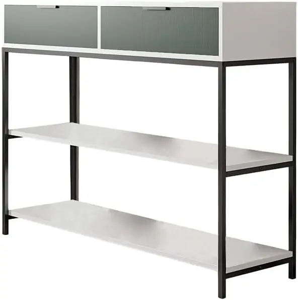 

Relaxation Wood Console Table Steel Frame with Shelves and Drawers