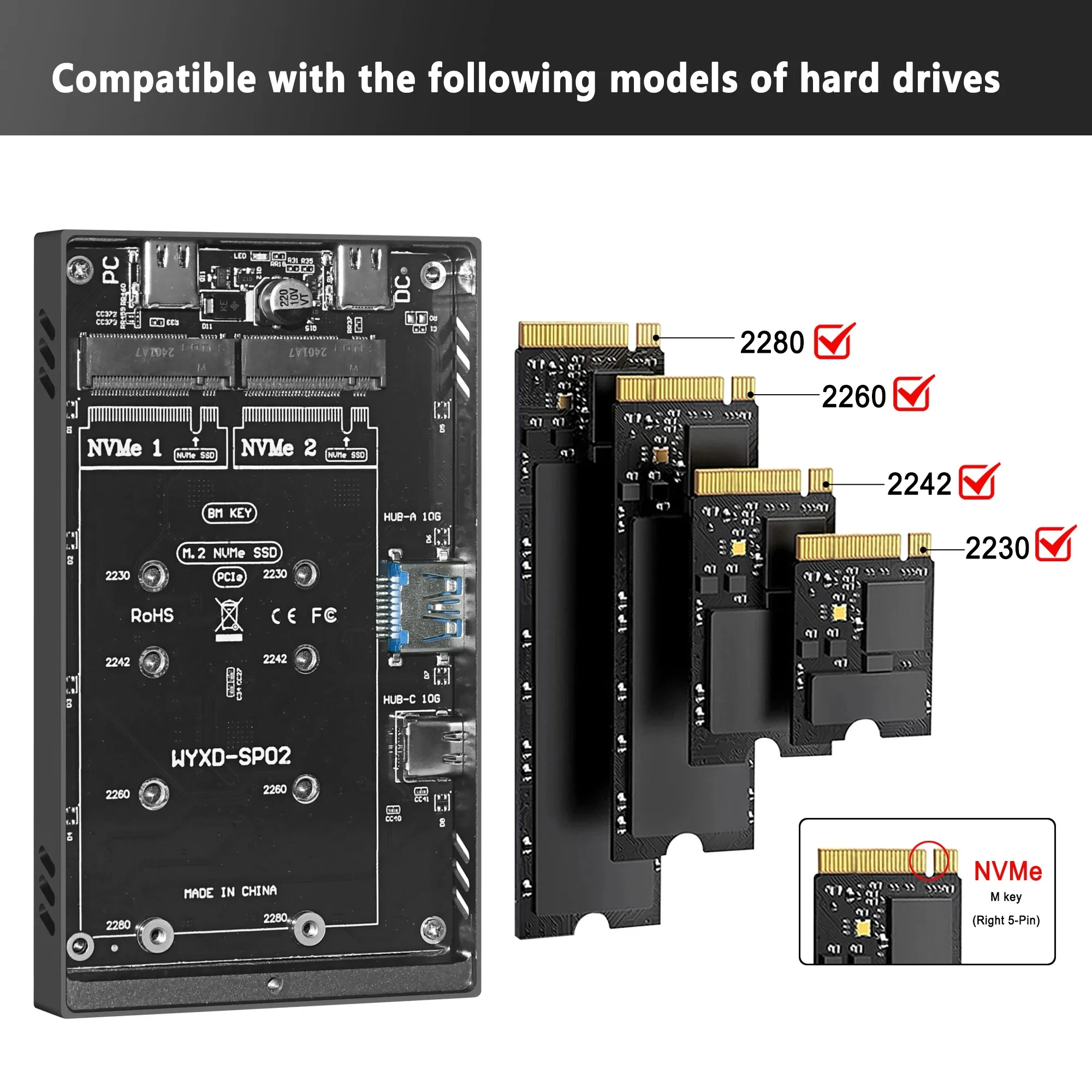 M2 SSD Enclosure NVMe 10Gbps PCIe Dual Protocol M.2 SSD Case Portable USB C 3.2Gen2 External Adapter Hard Drive Box For Laptop