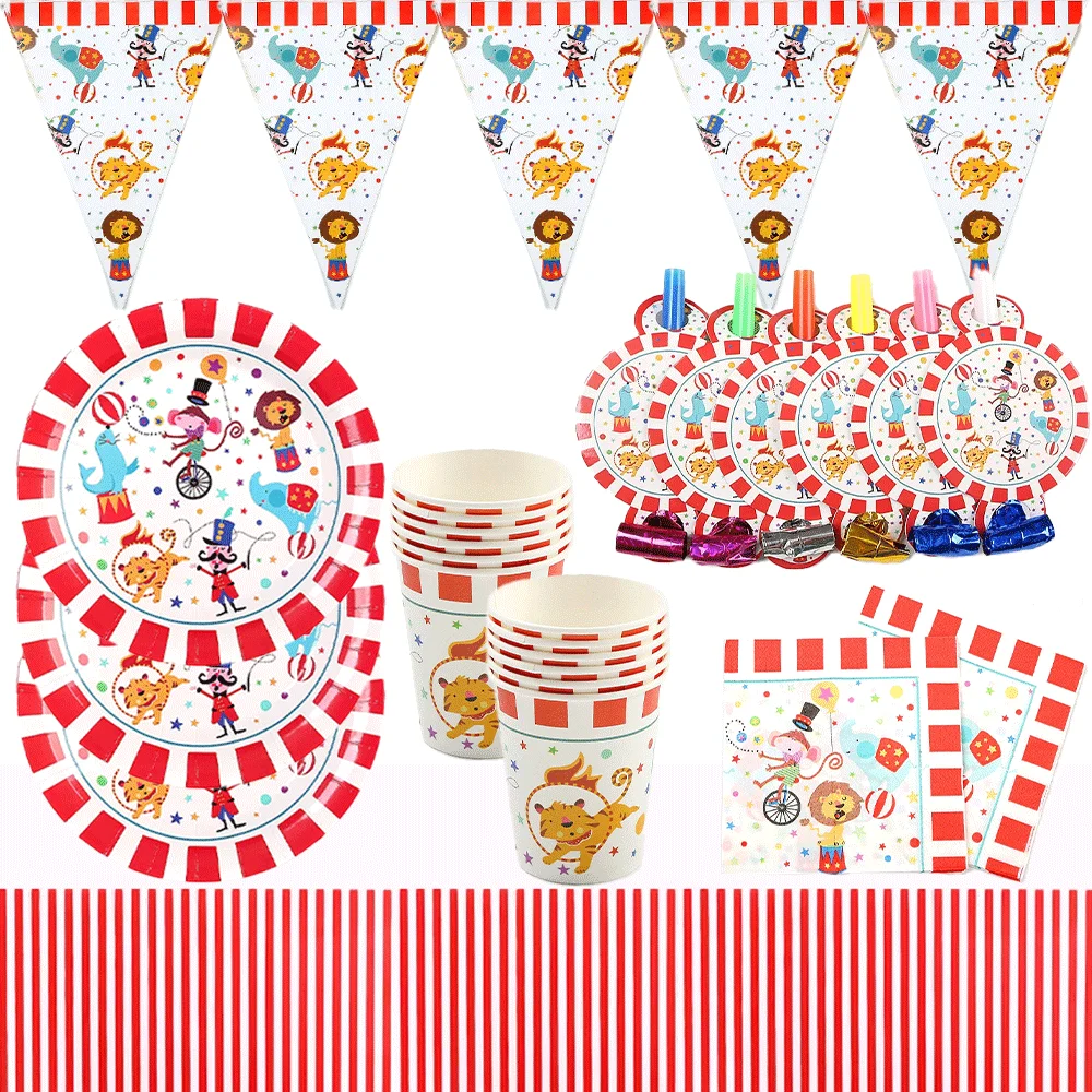 Karneval Party Zirkus Tier Pappteller Tasse Serviette rot und weiß gestreifte Tischdecke für Kinder Geburtstag Neujahr Karneval Party