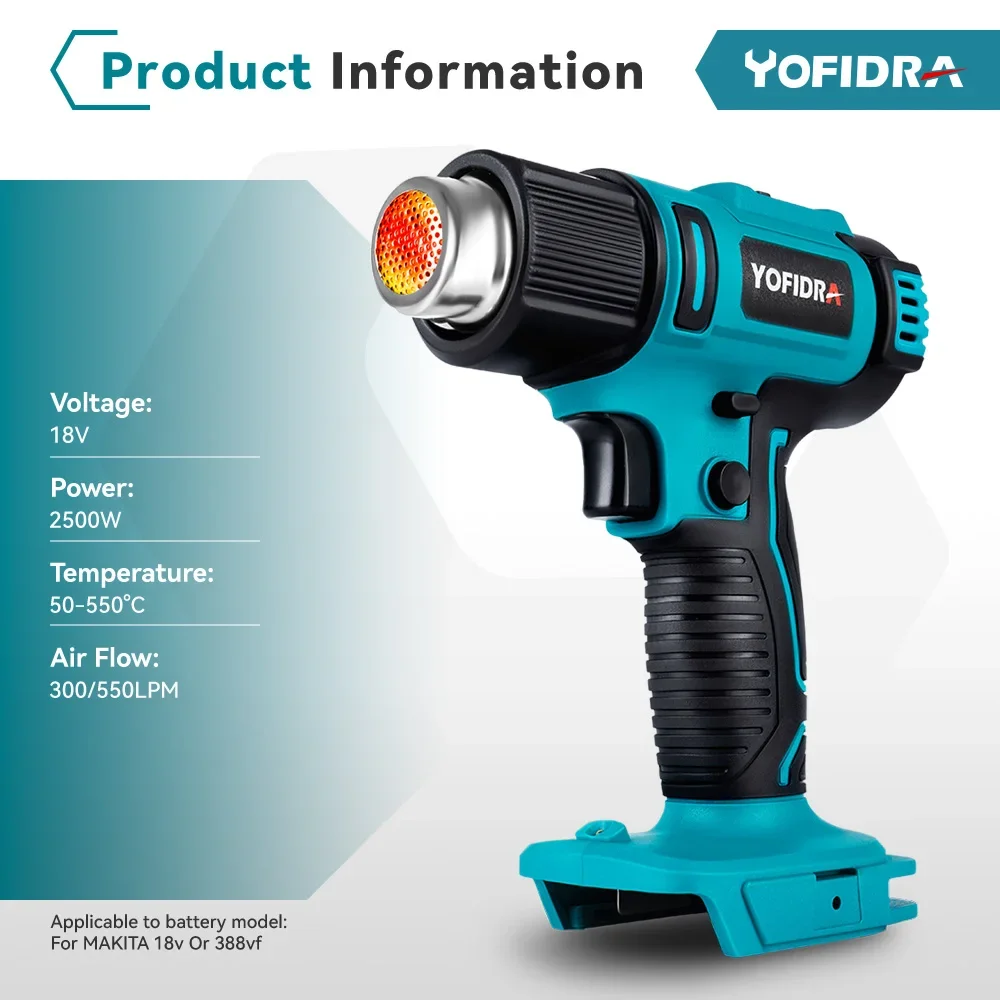 Yofidra 50-550℃ Cordless Heat Gun Wind Speed 6 Gear LED Temperature Display Industrial Home Hot Air Gun For Makita 18V Battery 3