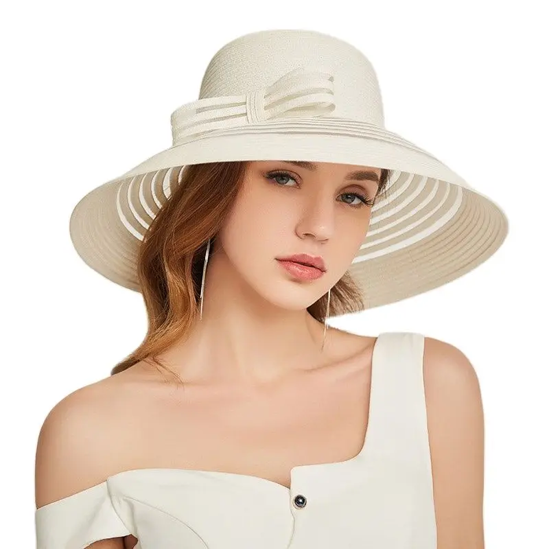 

New Style Women Summer Beach Hat Bow knot Accent Ladies Striped Wide Brim Floppy Sun Hat Kentucky Derby Paper Straw Hat
