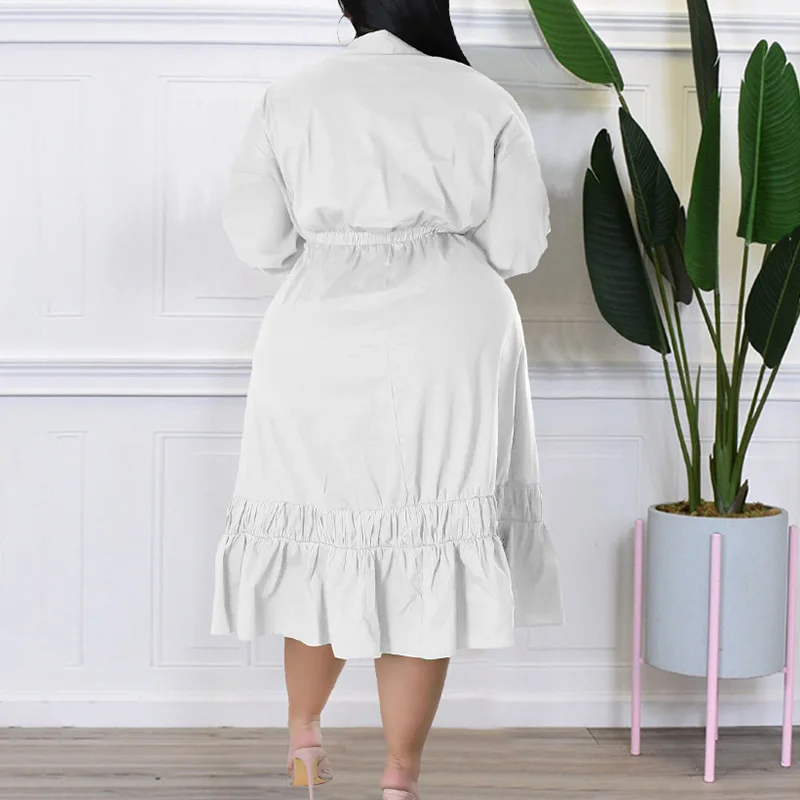 Bandage Solid Color Bow Long Sleeve Patchwork Ruffle Autumn V-Neck Crinkle Plus Size Clothes Loose Casual Midi Shirt Dress Lady