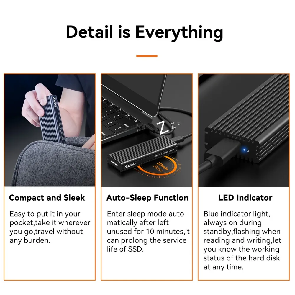 Maiwo-nvme Case Ssd com Colete de Resfriamento Embutido Alumínio Atualizado tipo c Gabinete Ssd m2 Nvme para Unidade de Estado Sólido 20gbps - Imagem 4