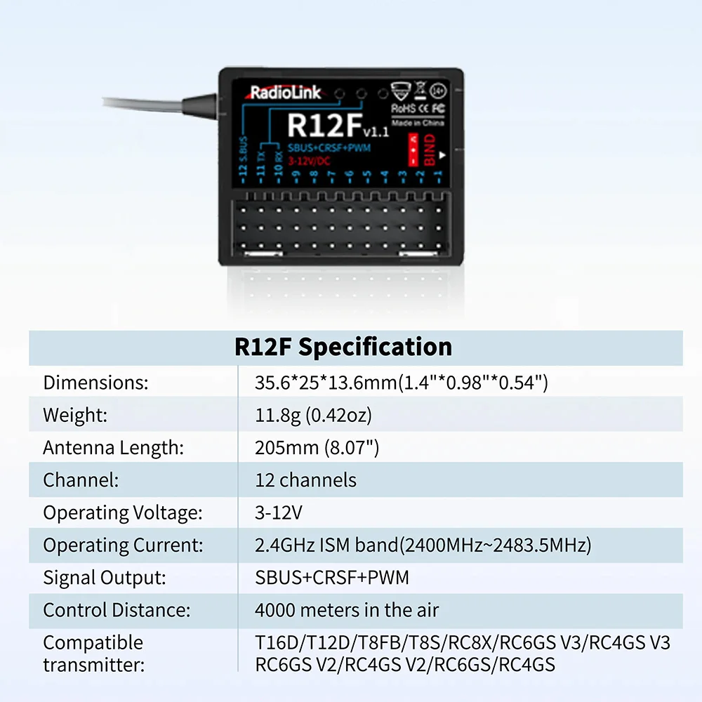Récepteur Radiolink R12F 12 canaux SBUS PWM 4000m pour RC