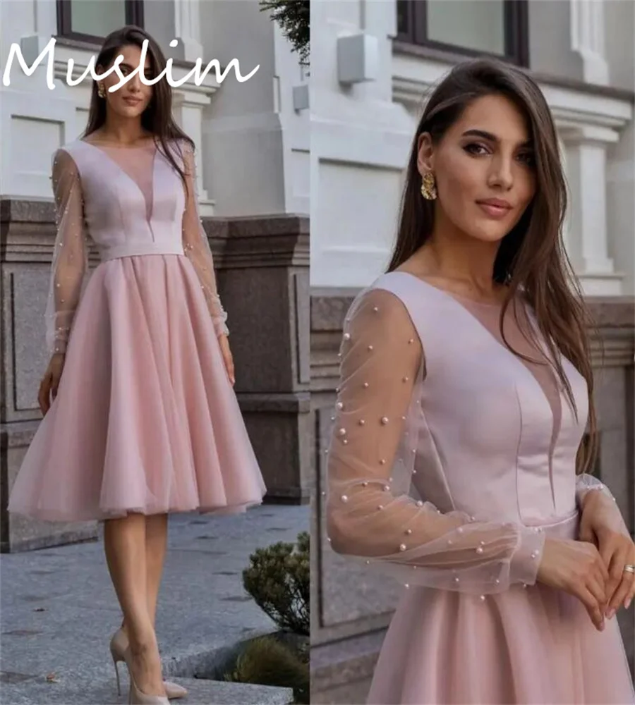 

Simple Pink Short Evening Dress With Pearls Modest Knee Length Tulle A Line Prom Dresses Poet Long Sleeve Graduation Cocktail