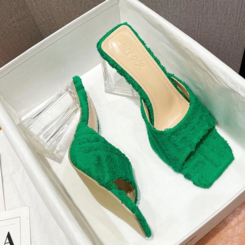 2023 Fashion Summer Women Shoes High Heel Green Corduroy Shoes Sandals