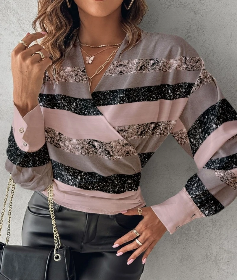 

Fashion Woman Blouse 2023 Spring Long Sleeved V-Neck Printed Button Design Casual Daily Simple Shirt Woman Clothing