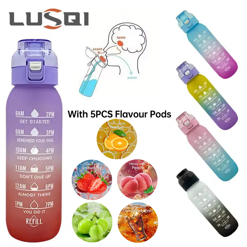 LUSQI 1PC 1000ML Flavor Water Bottle With Straw With 5PCS Flavor Pods Fashion Fitness Water Bottle for Outdoor Activities Sports