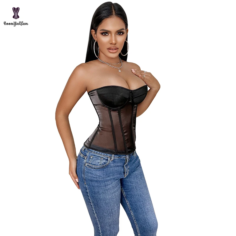 Black Translucent Bustier Curvy Waist Body Shapers Plus Size S-XXXL body shaper corset bustier top waist corset Slimming Corselet Mesh Overbust Corset With Bra Padded