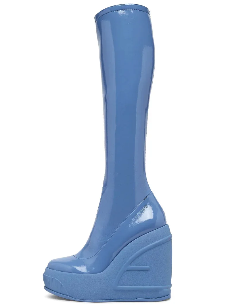 2024 Spring New Slope Heel Thick Bottom Round Toe High Heel Boots Fashion Sexy Cross-border Women's Plus Size Knee-high Boots