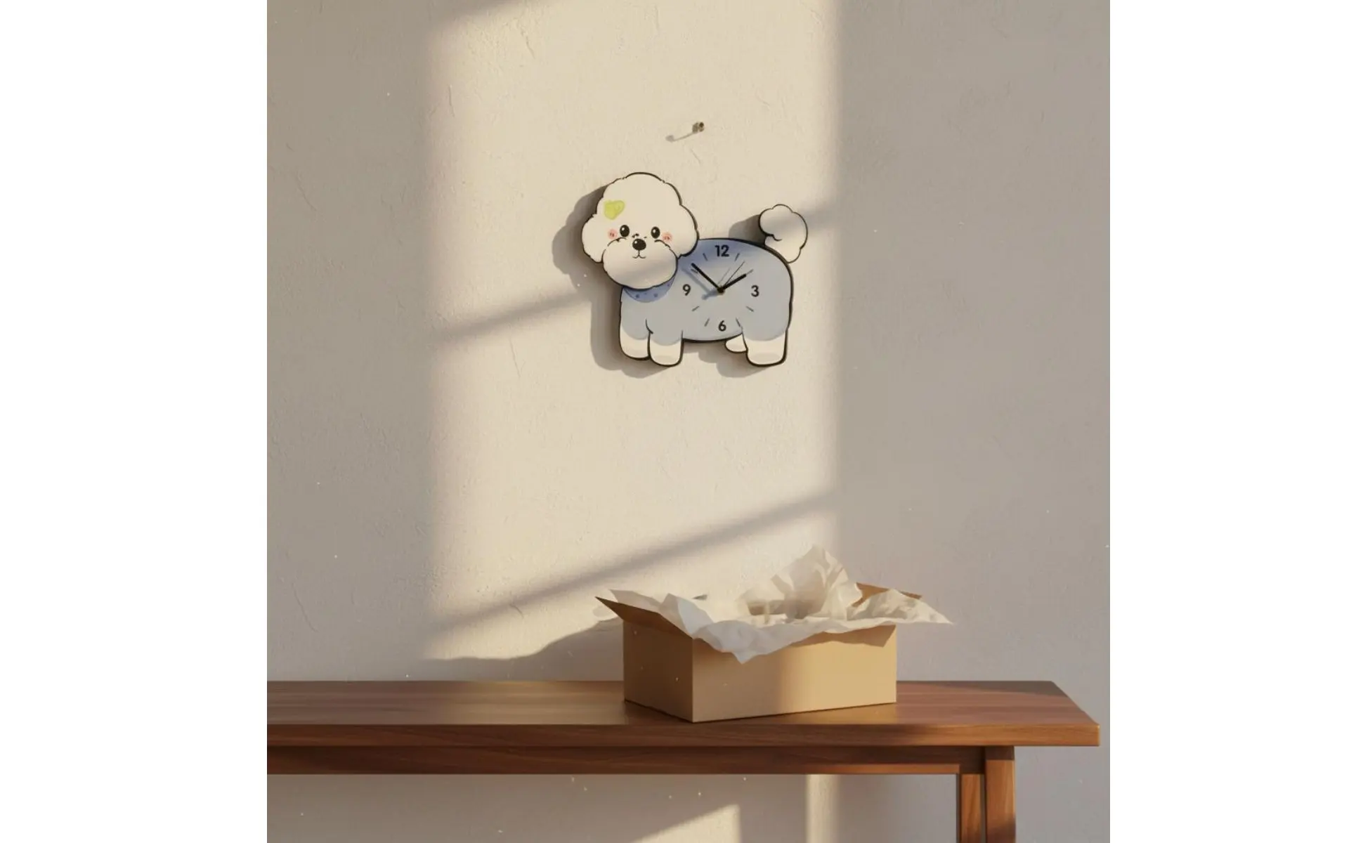 Bichon Frise Wall Clock Adorable Design Wagging Tail Dog Clock Distinctive Gift Easy Installation for Bedroom, Nursery