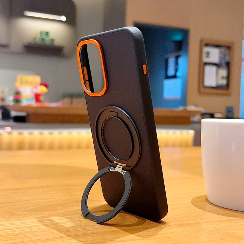 Magnetic Premium Lychee Pattern Leather Case with Metal Finger Ring Stand