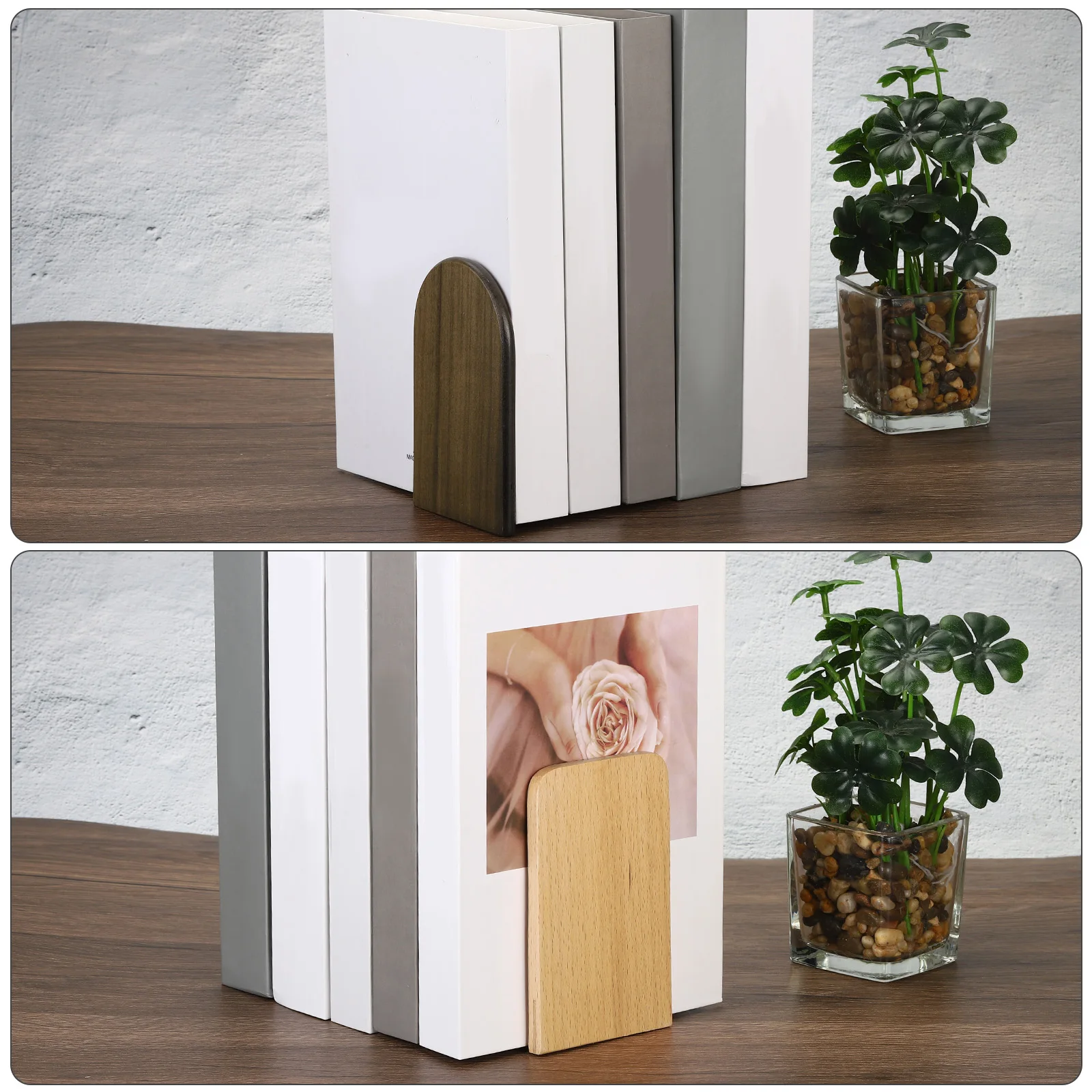 2Pcs Wood Bookend with Metal Base Wooden Desktop Bookends Book Organizer Office Bookends Book Ends Stand Holder Shelf Bookrack 6