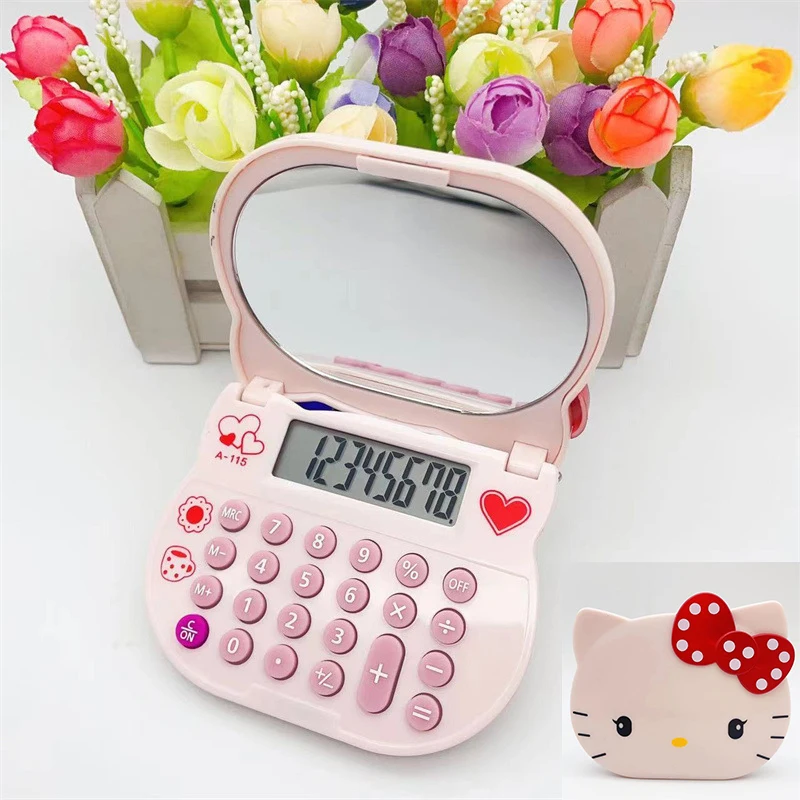 

Милый чехол-кошелек в стиле Ins Sanrio, раскладной чехол с калькулятором Hello Kitty и зеркалом для туалетного столика, мини-фигурка с аниме, портативный подарок на Рождество для офиса и девушки