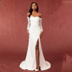 Modern Off The Shoulder Long Sleeves Lace Sheat Wedding Dresses Side Slit  Sweep Train Custom Made 2024 Vestido De Noival
