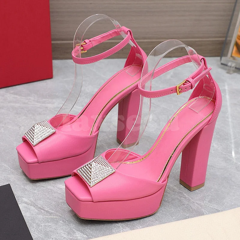 

Summer 2023 New Women High Heel Shoes Square Toe Cap Diamond Square Button Up Women Sandals Elegant Temperament Sandalias