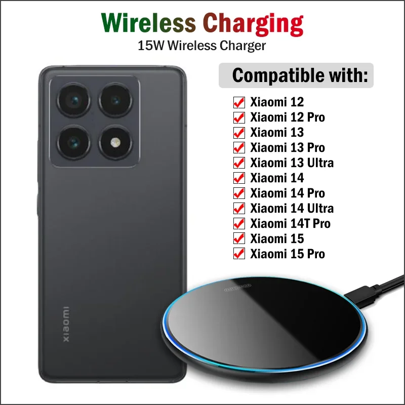 15W Fast Wireless Charger for Xiaomi 15 14 13 12 12S Pro Ultra/Xiaomi 14T Pro Wireless Charging Pad with Type-C Cable