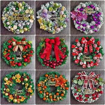 40cm 2025 Christmas Rattan Wreath Ball Bow Elk Garland Front Door Xmas Tree Pendant Home Party Hanging Ornament Decoration