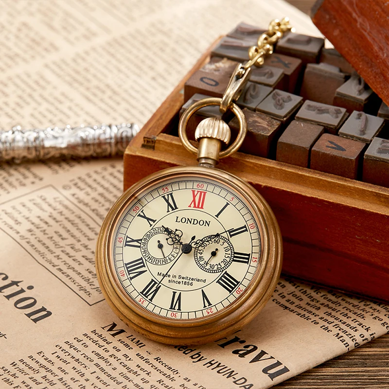 Luxury Roman Numerals Mechanical Pocket Watch Palace Full Copper Hand Wind Old Fob Chain Clock for Men Women Collection Gifts