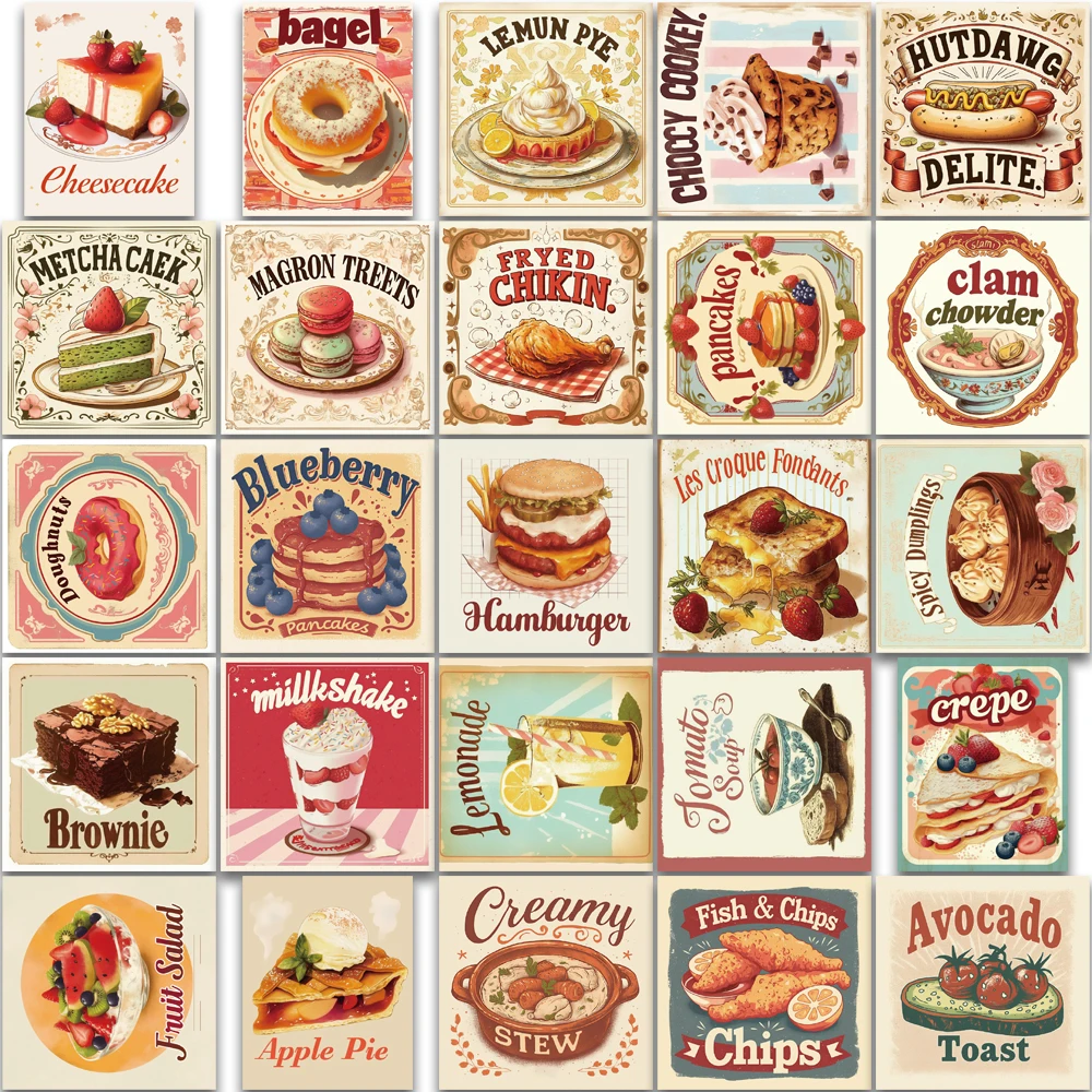50개의 빈티지 음식 스티커, 여행 가방, 선물 상자, 핸드북, 다이어리, 방수 스티커 등의 장식에 적합합니다.