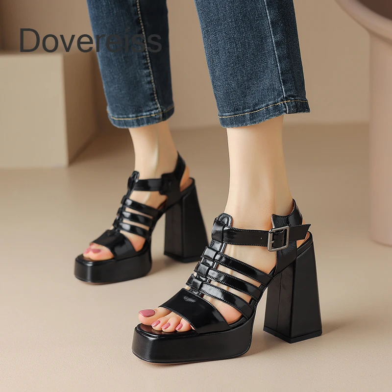 

Dovereiss Shoes Woman 2023 New Summer Fashion Square Toe Genuine Leather Platform Brown Buckle Sexy Chunky 11.5CM Heels Sandals