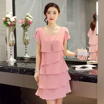 2026 Dress For Women Summer Wave Cut Ruffle Sweet Solid Short Sleeve Slim Dresses Lady Casual All-match Vestido O-Neck Chiffon 1