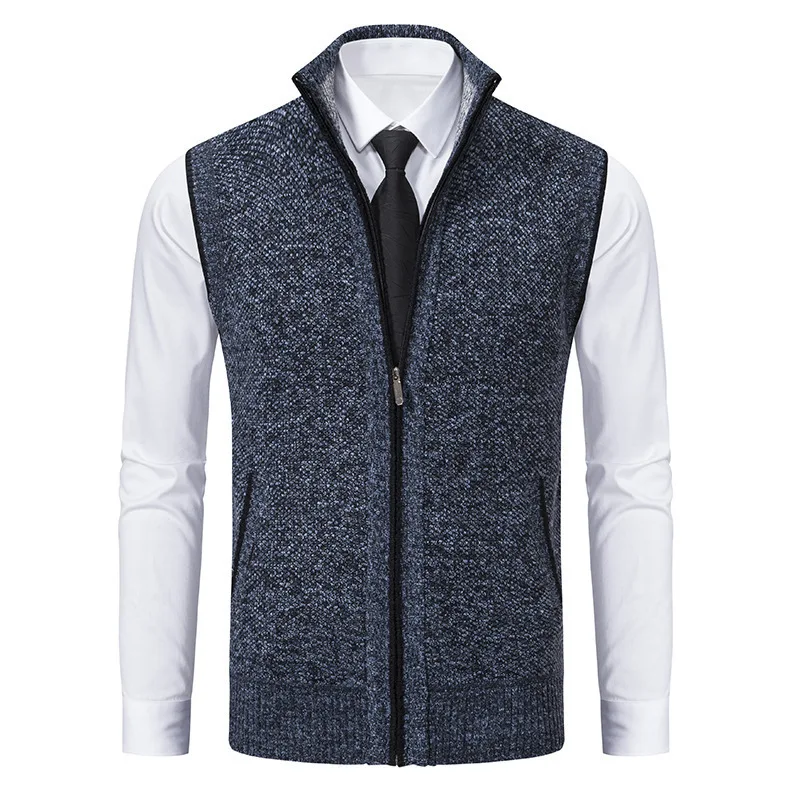 #4869 Autumn Winter Knitwear Sweater Vest Men Zipper Stand Collar Solid Color Outerwear Knitted Vest Man Cardigan Waistcoat Warm 6