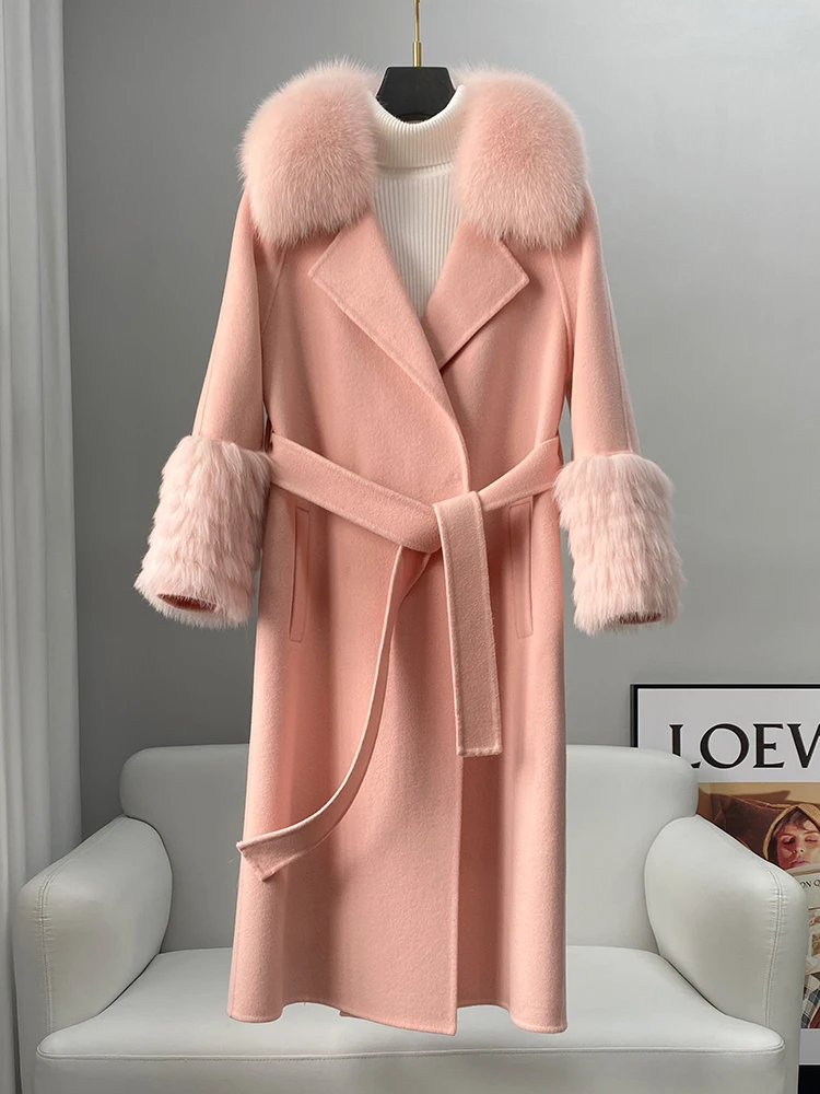 

Double sided cashmere coat, female fur collar, 2023 autumn/winter new style, high-end mid length woolen jacket