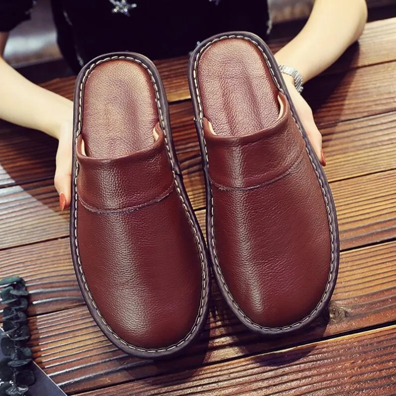 

2023 Spring Autumn Indoor Shoes Men's Woman Slippers Plus Size 35 46 Man Concise brown Simple Leather Home Slippers For Men