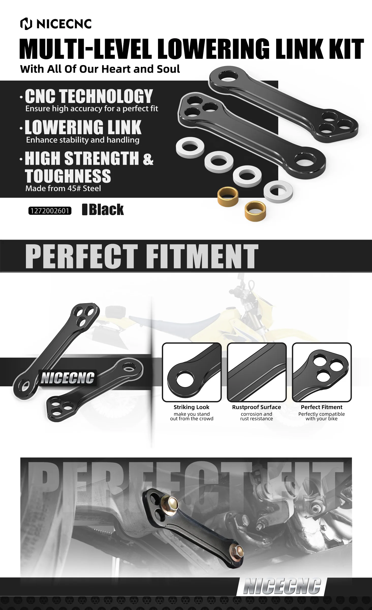 NICECNC Für Suzuki DRZ400SM DRZ400S DRZ400E DRZ 400 DR-Z 400SM 400S 400E DR-Z 400 2000-2024 Multi-Level-Tieferlegungsverbindungssatz – Detail 1