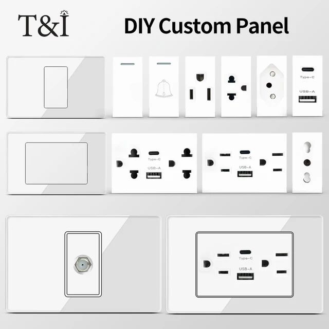 T&I Tempered Glass DIY Modular Wall Plate 2x4 inch, NEMA 5-15R Duplex Outlet, Combination with US/EU/Italy/Chile Socket Modules 1