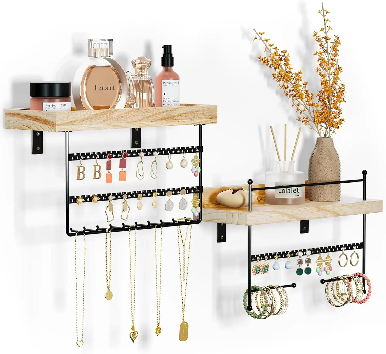 Hanging Jewelry Organizer Wall Mount with Hooks for Earrings, Bracelets, Necklaces - Easy Installation Free Combination Jewelry