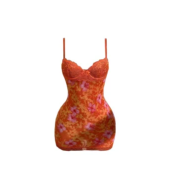 2026 Women's Lace Sexy Dresses Summer Retro Print Slim Fit Resort Style Dress Spaghetti Straps High Waist Backless Mini Clothing 1