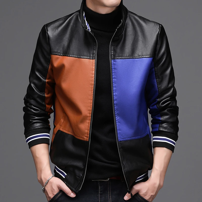 

New color block PU leather jacket men's velvet warm motorcycle suit flight suit jaqueta masculina jaqueta de couro masculino
