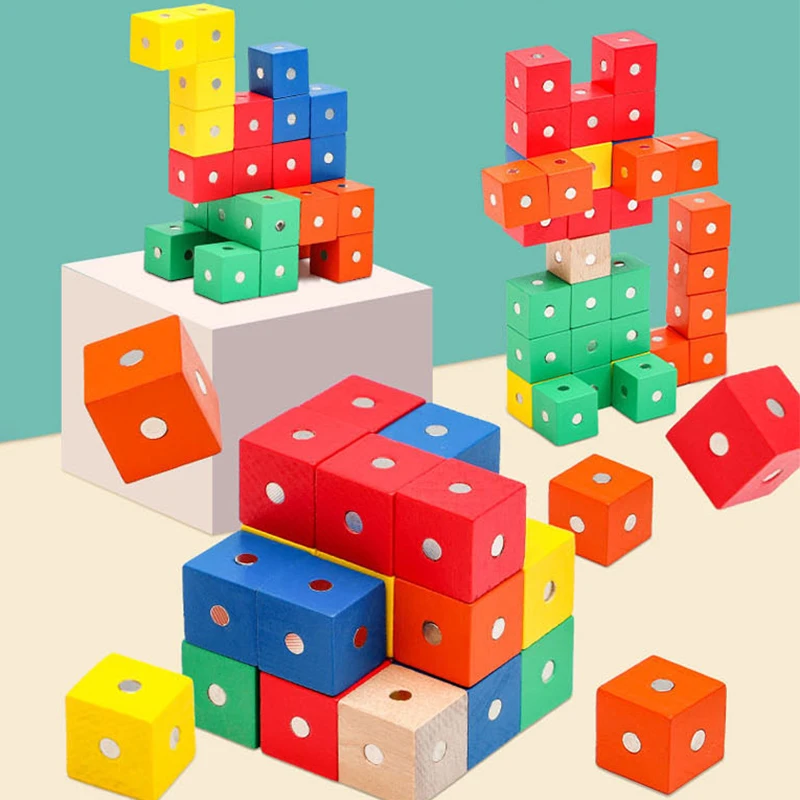 3D Wooden Magnetic Colorful Cube Blocks Puzzle Educational Construction Sensory Toy Montessori Intelligence Math Kid Boy Girl