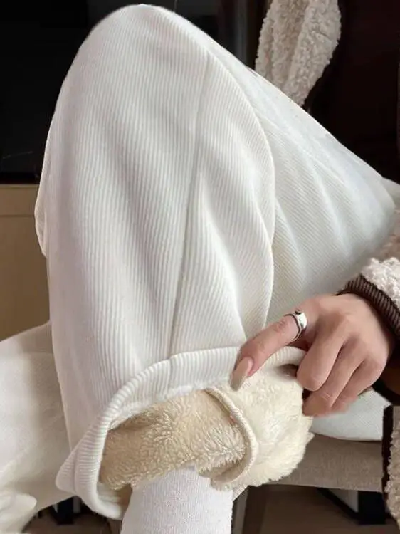 Lamb Velvet Women's Pants Fce Lined Thiened Autumn Winter Straight Leg Drapey Small Size White Pants Corduroy Wide Leg P...