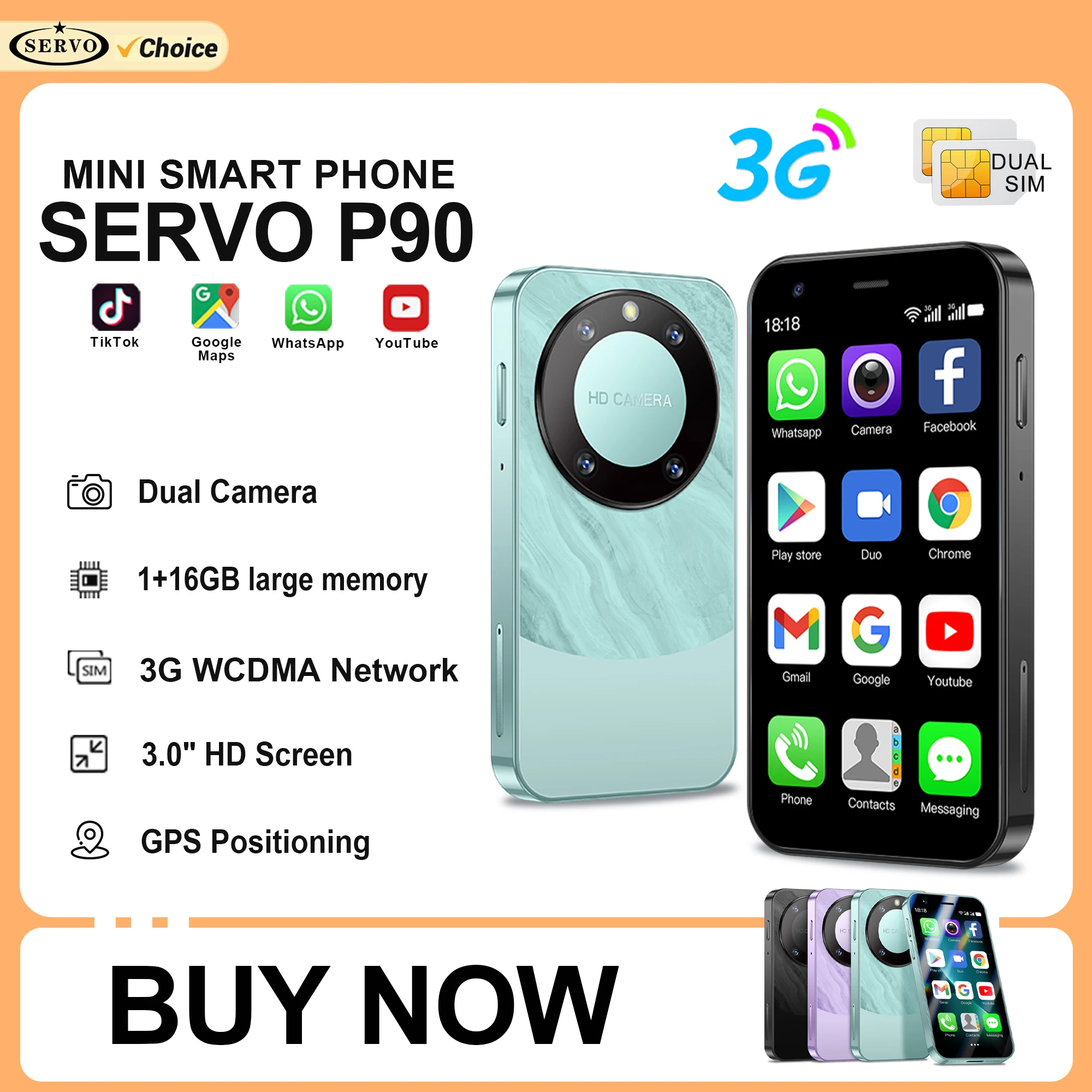 SERVO P90 Mini Android Smartphone 3G WCDMA 16GB ROM Play Store WhatsAPP WiFi Hotspot Dual SIM Standby 3.0" Small Smart Cellphone