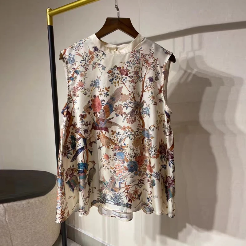 

Майка женская с винтажным принтом из шелка тутового шелкопряда, Повседневная Свободная рубашка без рукавов, жилет для офиса, 26745