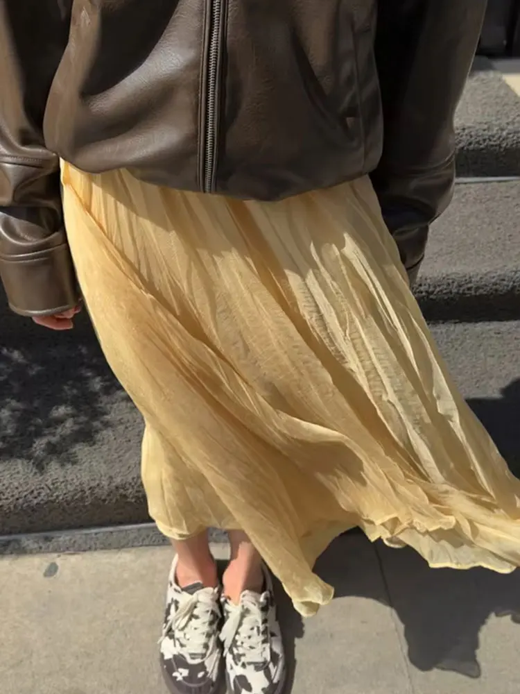 HH Women Fashion Solid Pleated Midi Skirt High Waist Loose Casual Elastic Waist Skirts Summer Female Chic Yellow Tulle Skirt