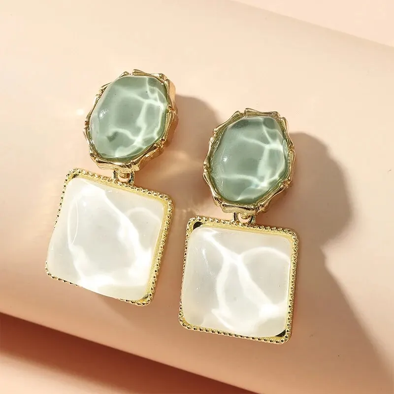 Women Round Square Crystal Stone Drop Earrings - Image 3