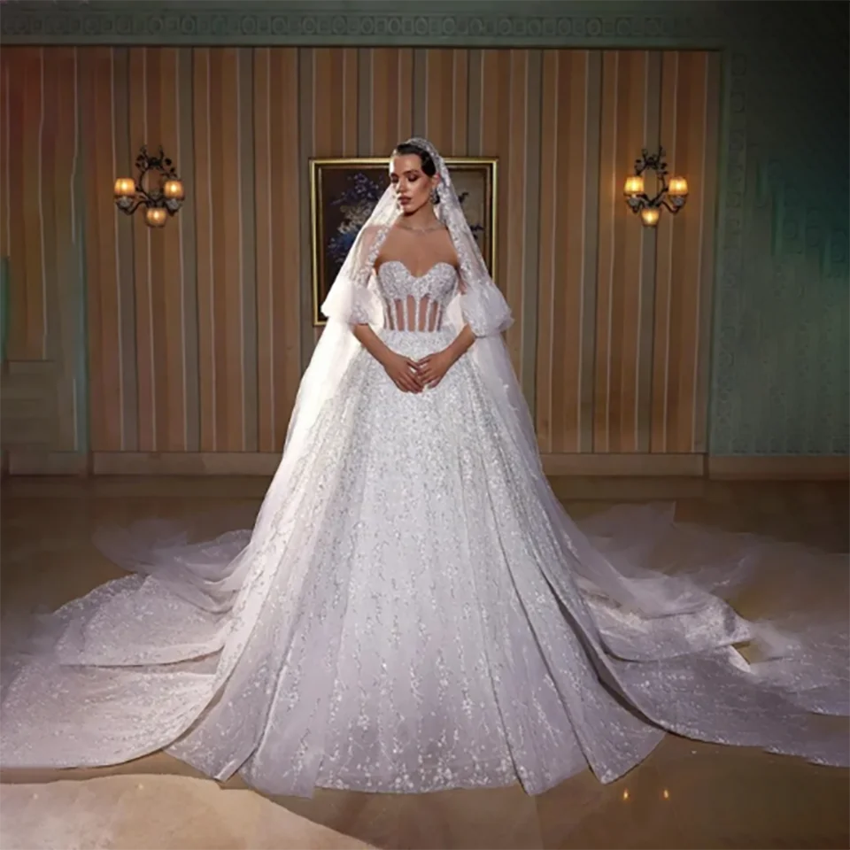 Maßgeschneiderte Funkelnde Kristall-Perlen Ballkleid-Hochzeitskleider 2026 Illusion Trägerlos Mit Schleppe Tüll Vestidos De Novia – Detail 3