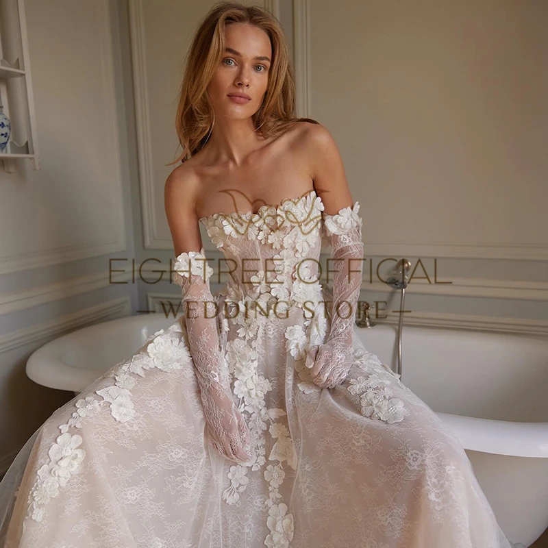 Eightree 2024 Princess A-Line Wedding Dresses Boho Strapless Lace Appliques Bridal Dress Elegant Wedding Prom Gowns Custom Size 2